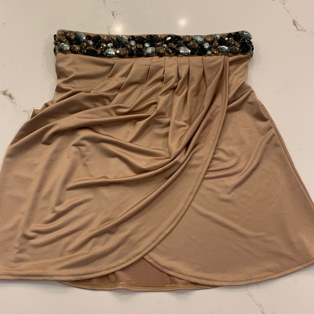 Cache Women's XS Gold Beaded Waist Pleated Pull on Satin Wrap Skirt NEW